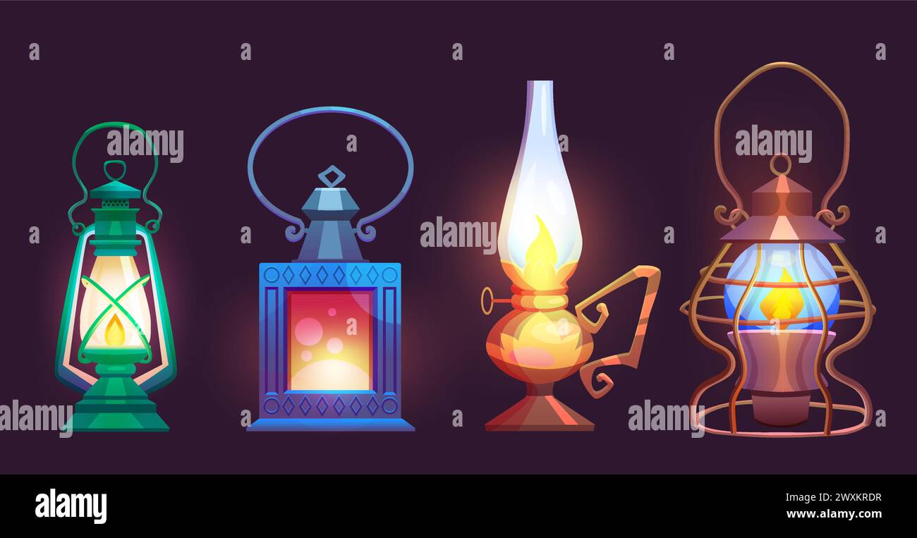 Vecchia lampada a olio e gas con fiamma. Set di illustrazioni vettoriali cartoni animati di lanterna vintage al kerosene. Lampadina a benzina classica antica con manico. lampada portatile rétro per miniere o campo con fuoco. Illustrazione Vettoriale