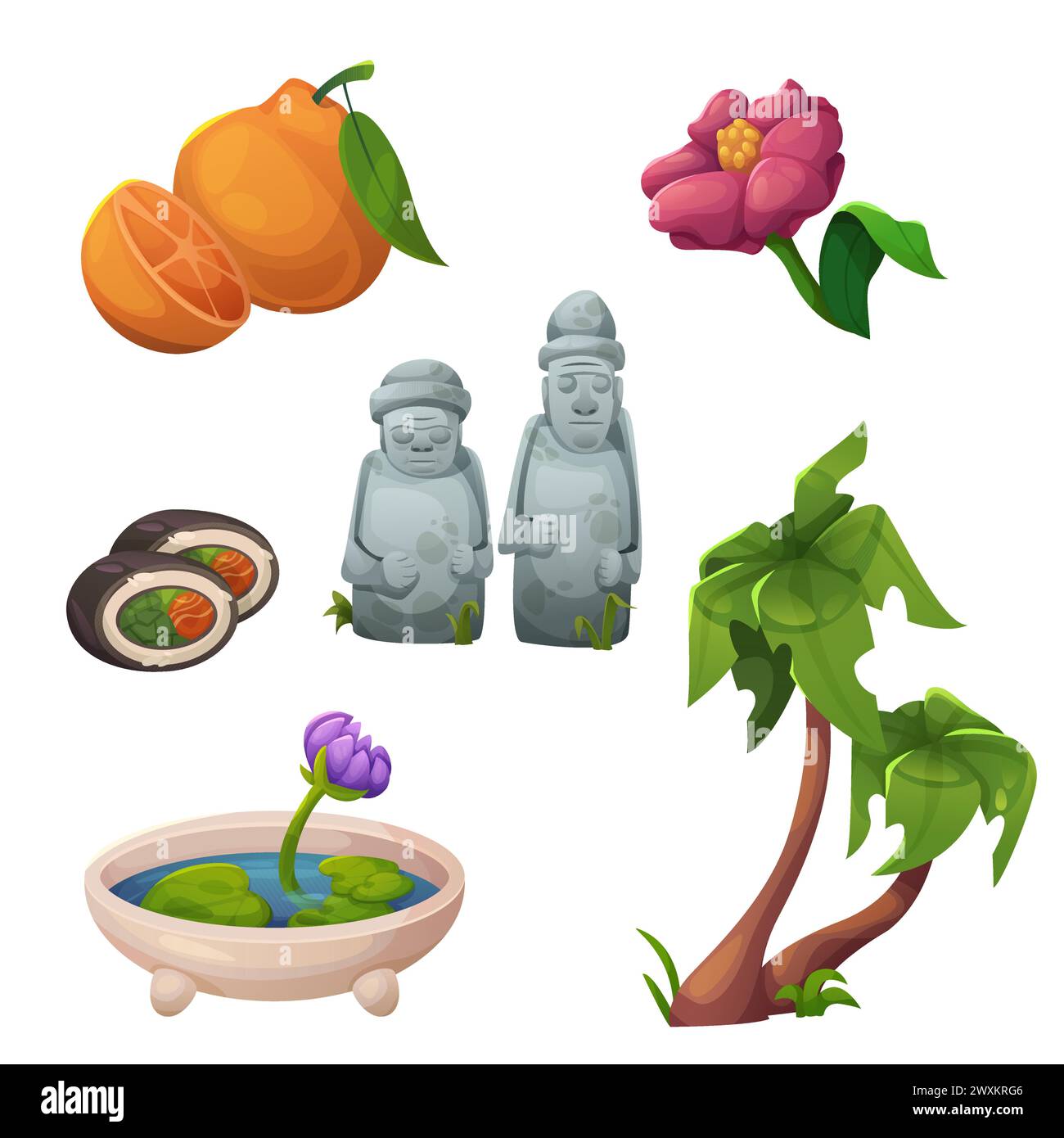 Icona dell'illustrazione di viaggio dell'isola di Jeju in Corea. Disegno Hareubang dol, fiori, cibo mandarino e grazioso simbolo naturale insieme grafico isolato. Discovery Asia e ricerca sulla cultura tradizionale Illustrazione Vettoriale