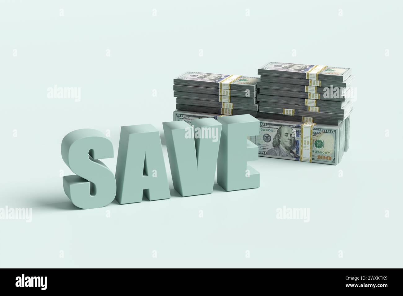 Concetto di risparmio finanziario. La parola "salvare con banconote da un dollaro". Rendering 3D. Foto Stock