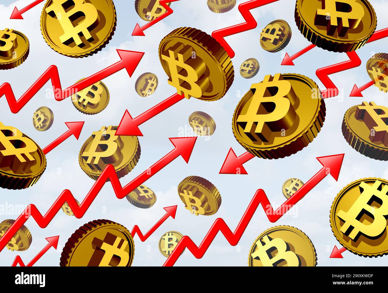 Volatilità dei prezzi di Bitcoin e criptovaluta o criptovaluta e volatilità dei prezzi o fluttuazione del valore come dinamiche di mercato e speculazione di trading come un busine Foto Stock