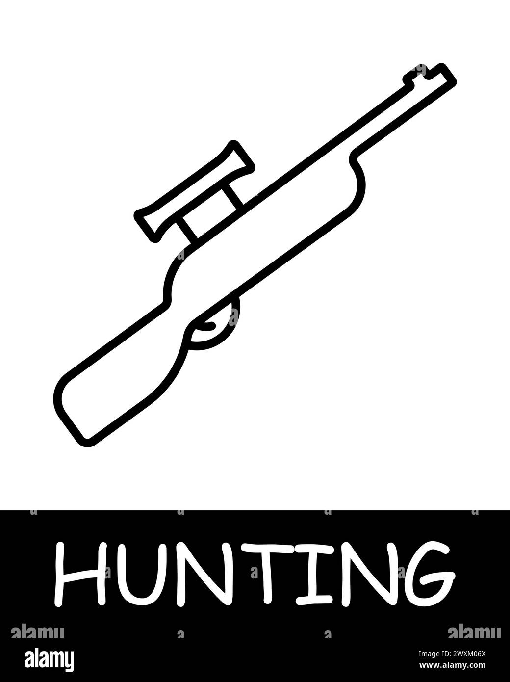 Icona della linea del fucile di precisione. Cartucce, grilletto, custodia per cartucce, caccia, selvaggina, pesca, prede, foresta, tiro, stagione di caccia, animale. Icona della linea vettoriale per Illustrazione Vettoriale