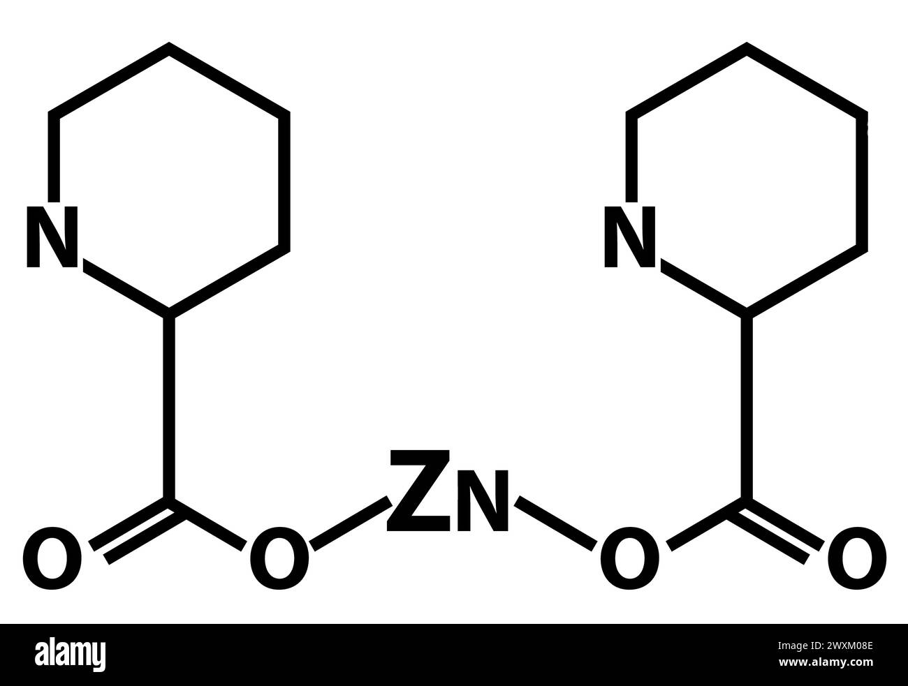 Icona della formula chimica molecolare del picolinato di zinco. Cartello infografico zinco. Simbolo della struttura chimica del picolinato di zinco (C12H8N2O4Zn). stile piatto. Foto Stock