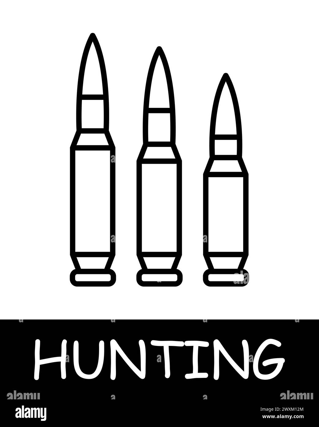 Icona della linea delle munizioni. Calibro, custodia per cartucce, caccia, selvaggina, pesca, preda, foresta, tiro, stagione di caccia, animale. Icona della linea vettoriale per aziende e pubblicità Illustrazione Vettoriale