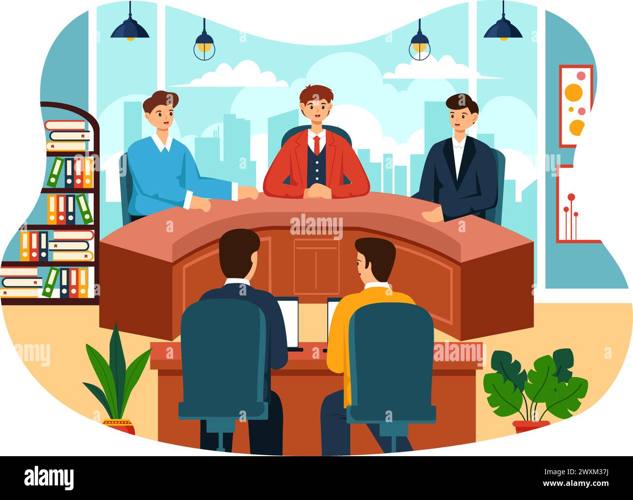 Riunione del Consiglio comunale illustrazione vettoriale con un team aziendale efficace, dipendente, brainstorming per importanti trattative in Flat Cartoon background Illustrazione Vettoriale