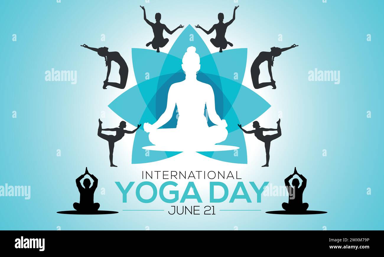 Illustrazione vettoriale della giornata internazionale dello yoga. Un gruppo di donne che meditano e fanno yoga. Utilizzabile per banner, poster, modello di sfondo, ecc. Illustrazione Vettoriale