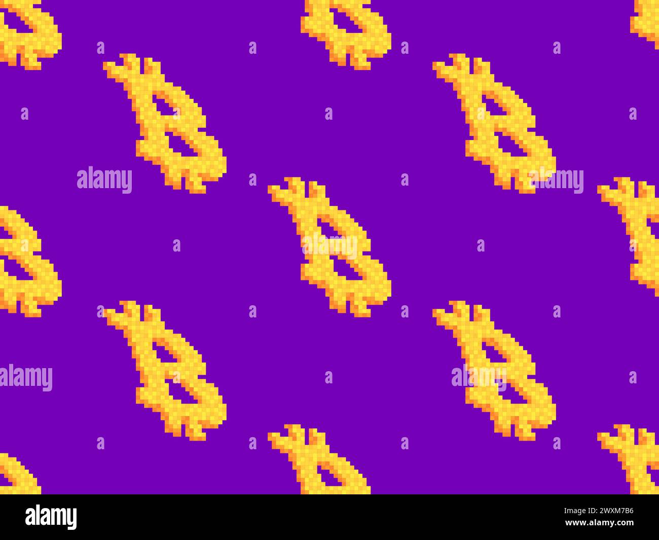 Simbolo Bitcoin in stile pixel. Pattern senza interruzioni con il simbolo Bitcoin nello stile della grafica a 8 bit. Criptovaluta Bitcoin. Progettazione di sfondi, Illustrazione Vettoriale