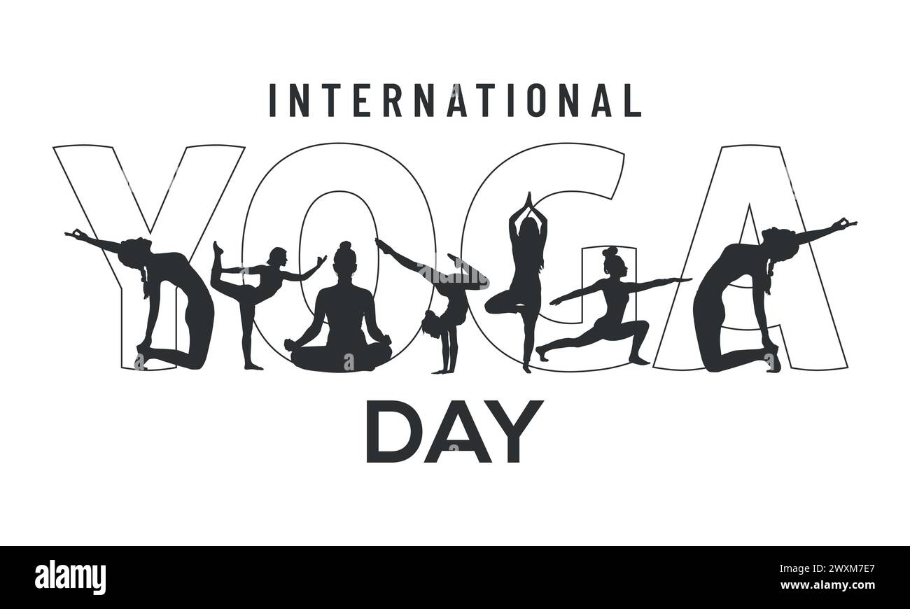 21 giugno giornata Mondiale dello Yoga. sagoma vettoriale di un gruppo di donne che meditano e fanno yoga. sfondo bianco Illustrazione Vettoriale