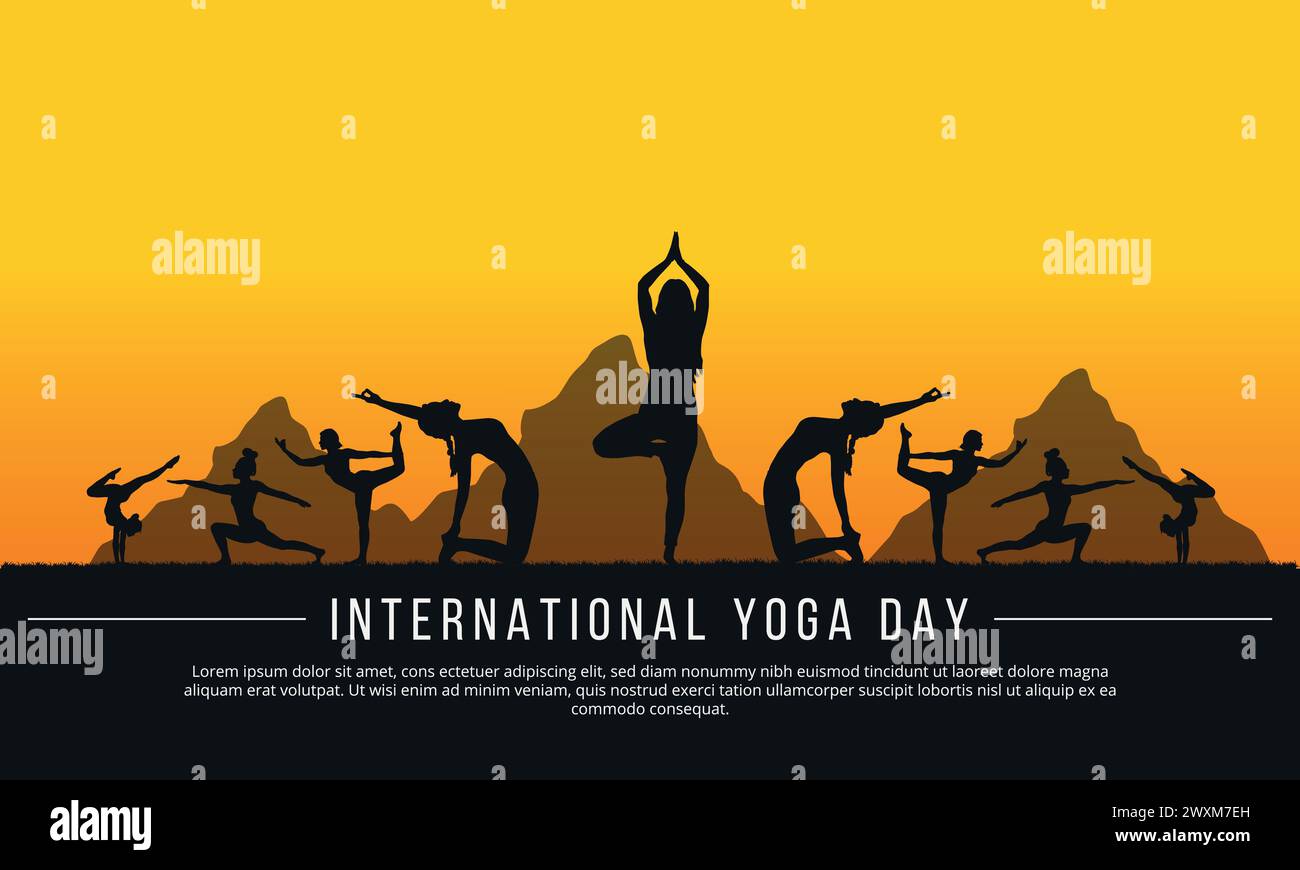 Illustrazione vettoriale della giornata internazionale dello yoga. Un gruppo di donne che meditano e fanno yoga. Utilizzabile per banner, poster, modello di sfondo, ecc. Illustrazione Vettoriale