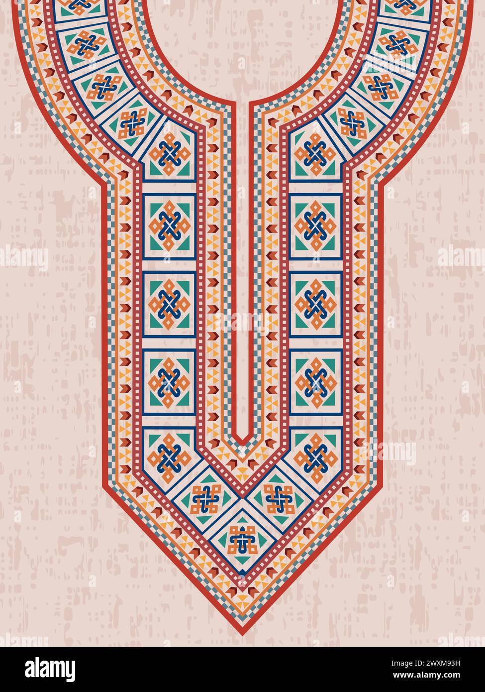 Ricamo sul collo decorativo per la Kurta indiana con motivi celtici intrecciati e forme geometriche ripetute in colori vivaci. Illustrazione Vettoriale