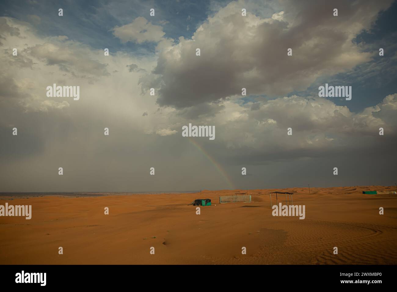 Nel mezzo del deserto, il colore del cielo si trasforma e in esso appare un arcobaleno di colori. Full frame quando piove Foto Stock