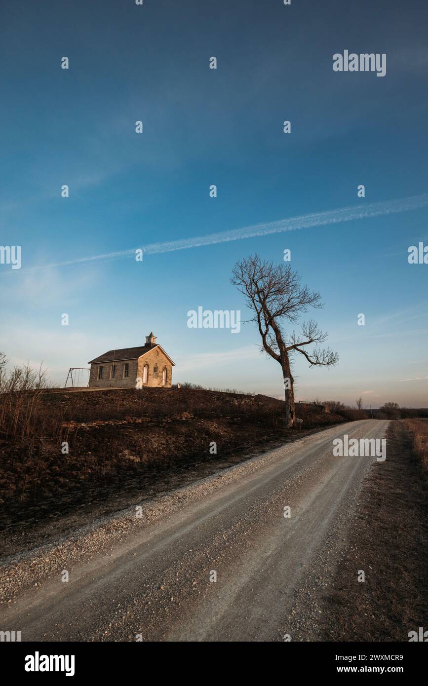 Fox Creek School all'alba, Tallgrass Prairie National Preserve Foto Stock