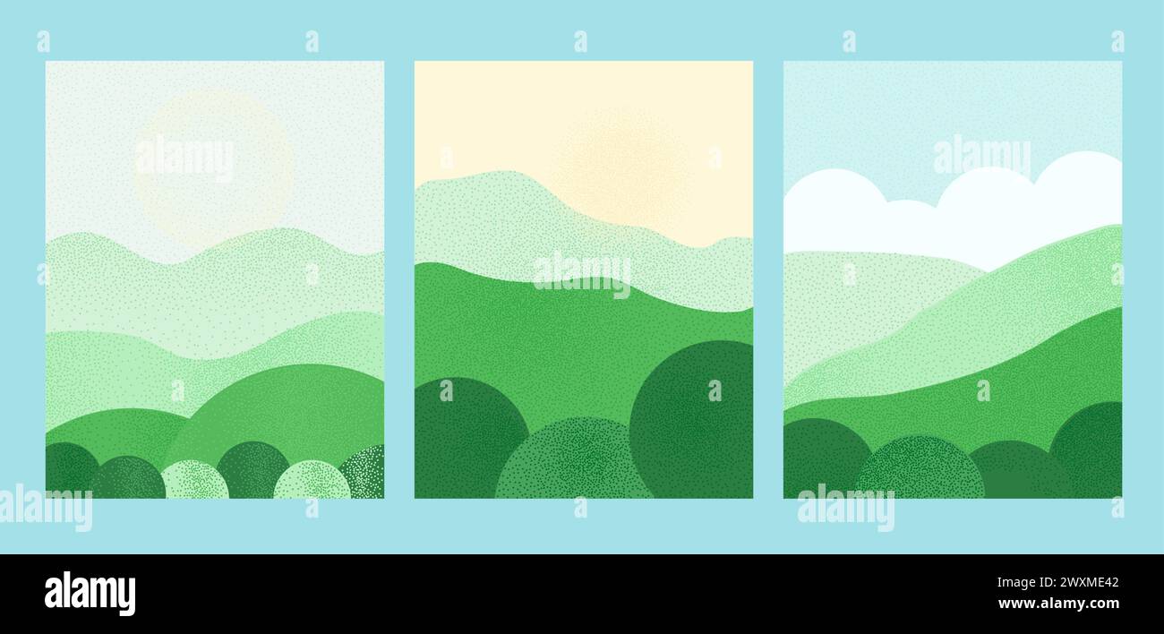 Paesaggio estivo, sfondo naturale. Banner di prato astratto modello di raccolta verticale con cielo erboso e nuvola. Tessera con decorazioni ad alberi. V Illustrazione Vettoriale