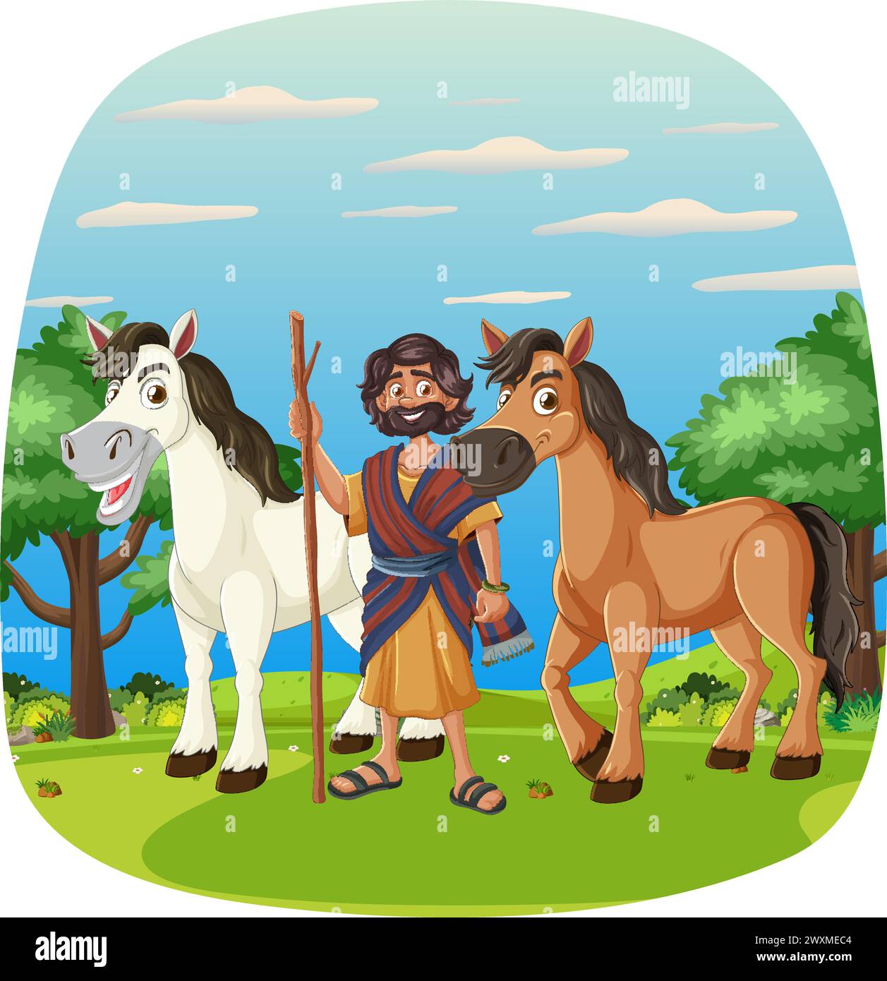 Pastore di cartoni animati in piedi con due cavalli all'aperto. Illustrazione Vettoriale Pastore di cartoni animati in piedi con due cavalli all'aperto. Illustrazione Vettoriale