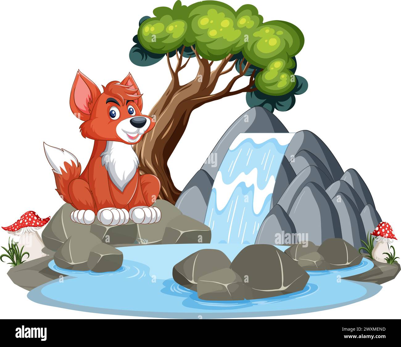 Una volpe felice seduta vicino a una piccola cascata. Illustrazione Vettoriale