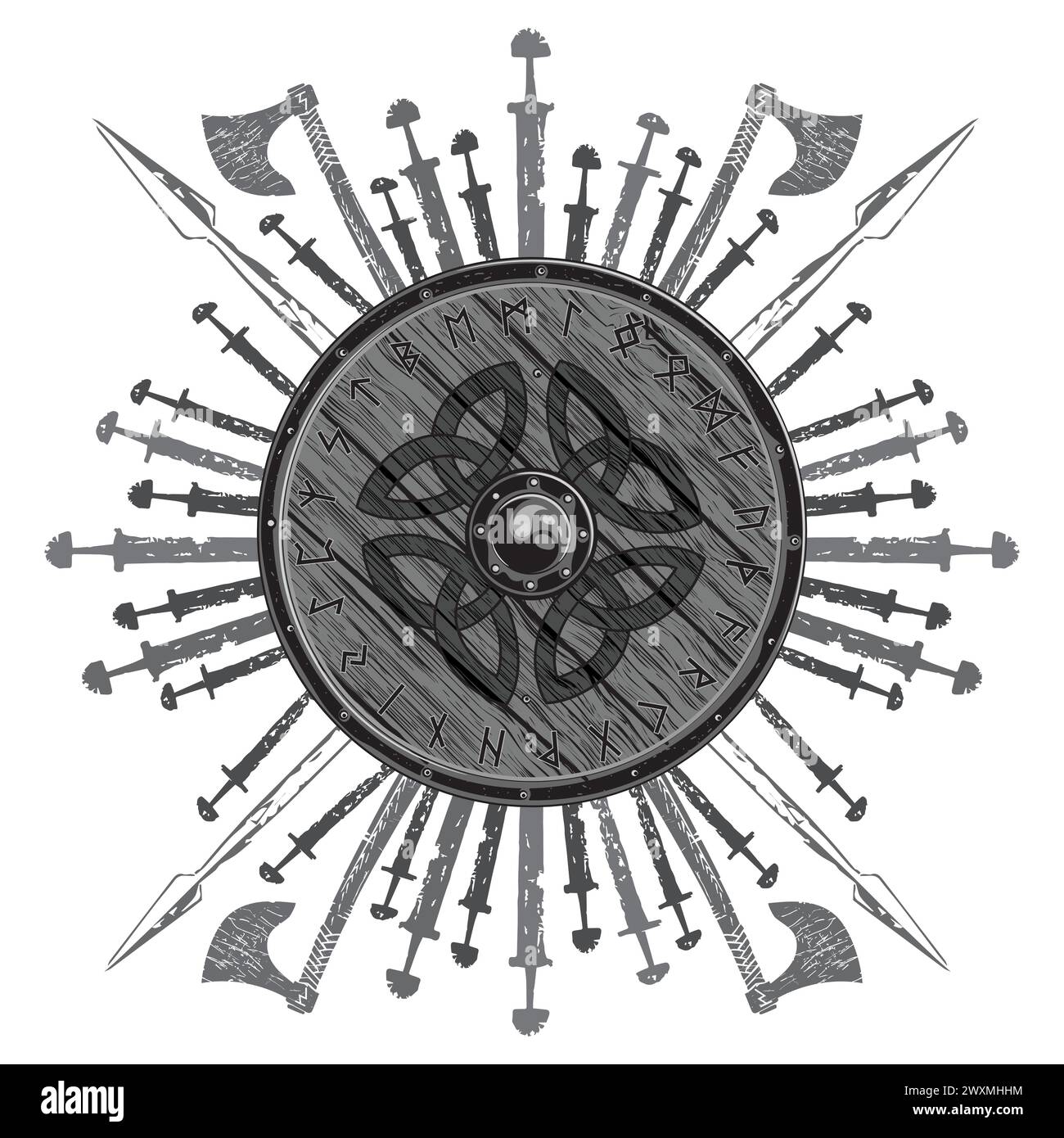 Design vichingo. Lo scudo di un vichingo con rune, asce da battaglia, spade e lance Illustrazione Vettoriale
