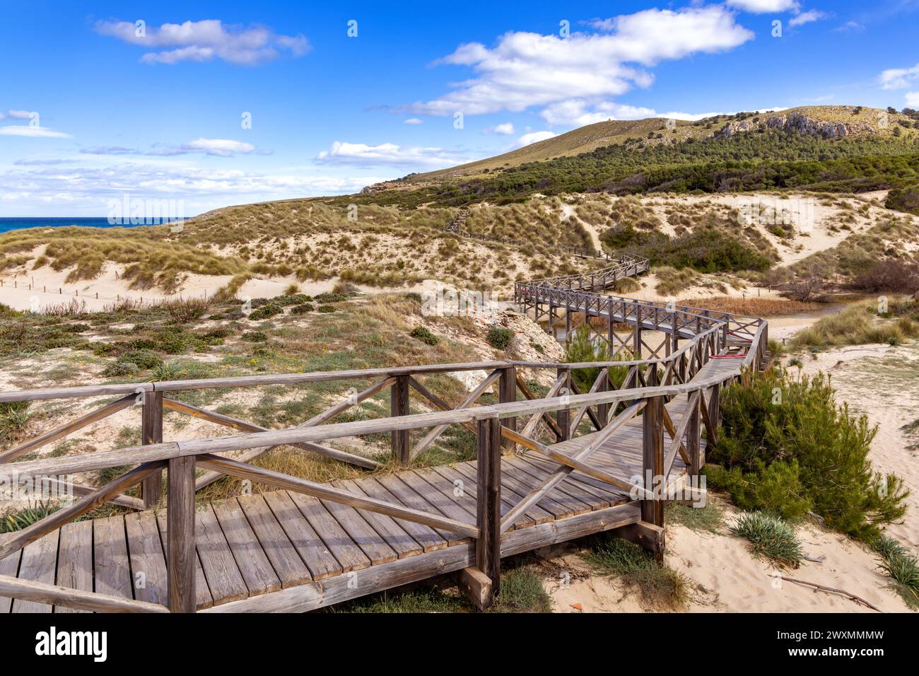 Passerella in legno attraverso dune di sabbia a Cala Mesquida, Maiorca, Isole Baleari, Spagna Foto Stock