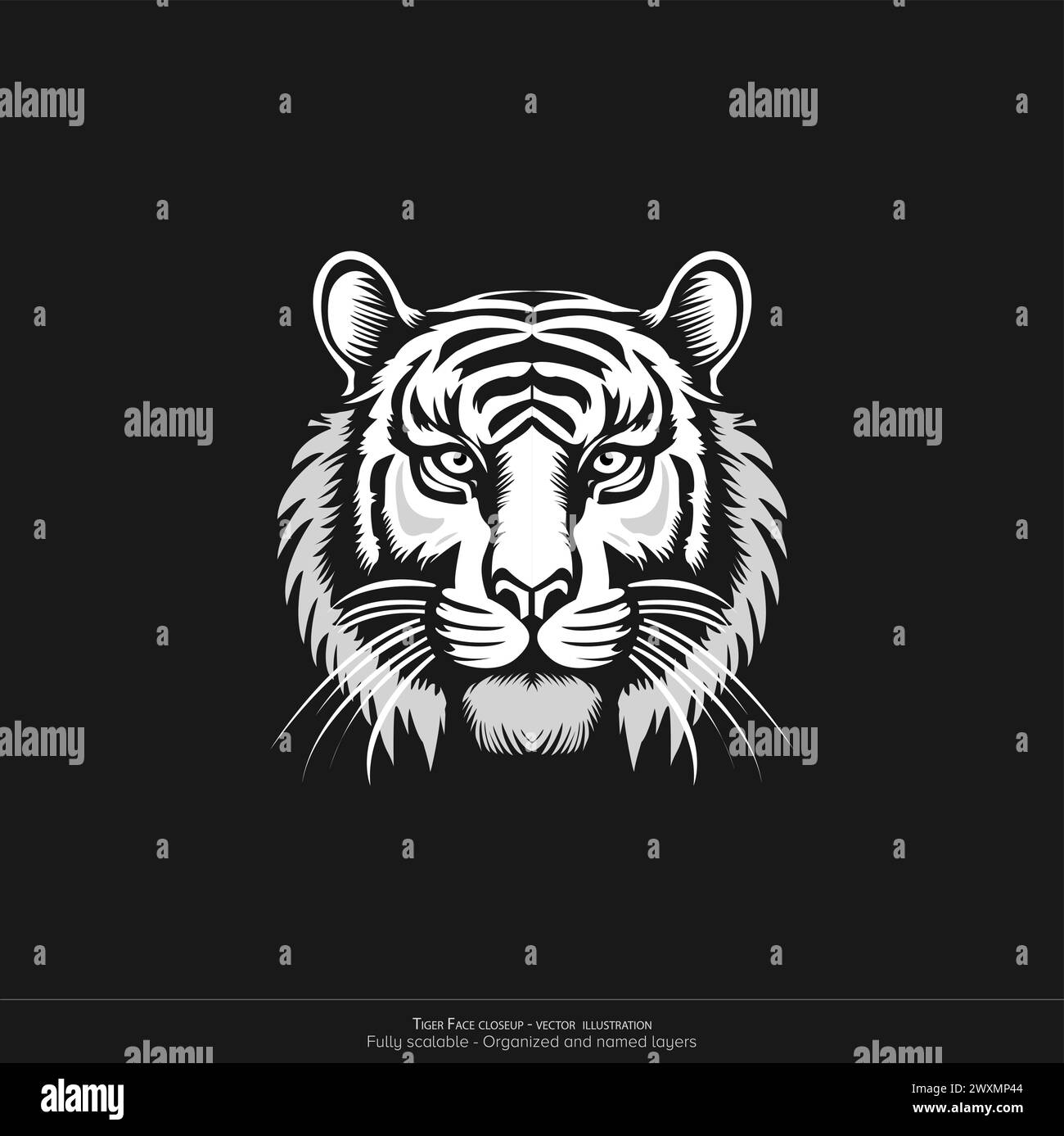 Tiger Face, silhouette in bianco e nero. Illustrazione vettoriale Illustrazione Vettoriale