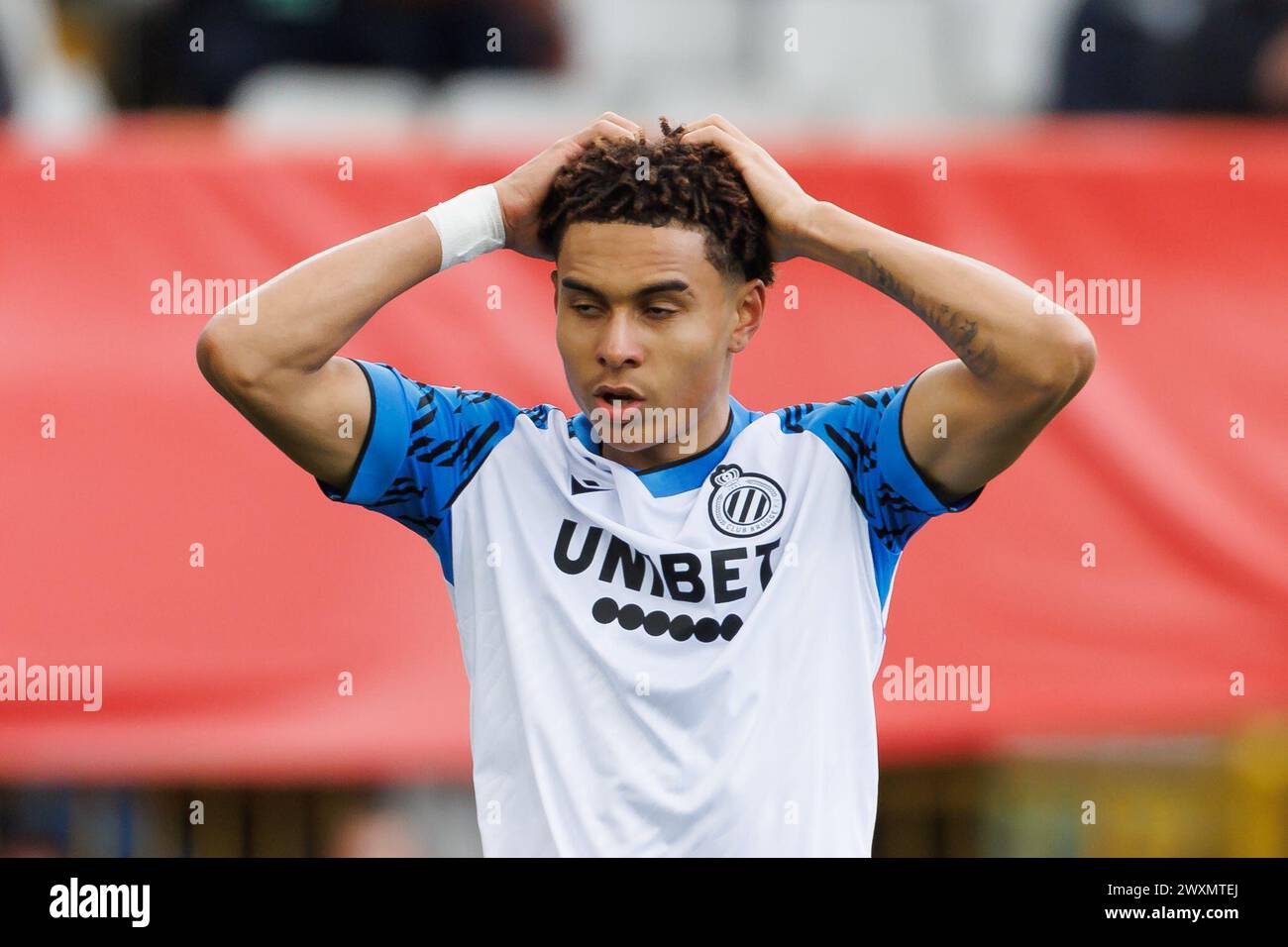 Brugge, Belgio. 1 aprile 2024. Antonio Nusa del Club sembra sgretolato durante una partita di calcio tra Cercle Brugge KSV e Club Brugge KV, lunedì 01 aprile 2024 a Brugge, il giorno 1 (su 10) dei play-off dei campioni della prima divisione del campionato belga 'Jupiler Pro League' 2023-2024. BELGA FOTO KURT DESPLENTER credito: Belga News Agency/Alamy Live News Foto Stock