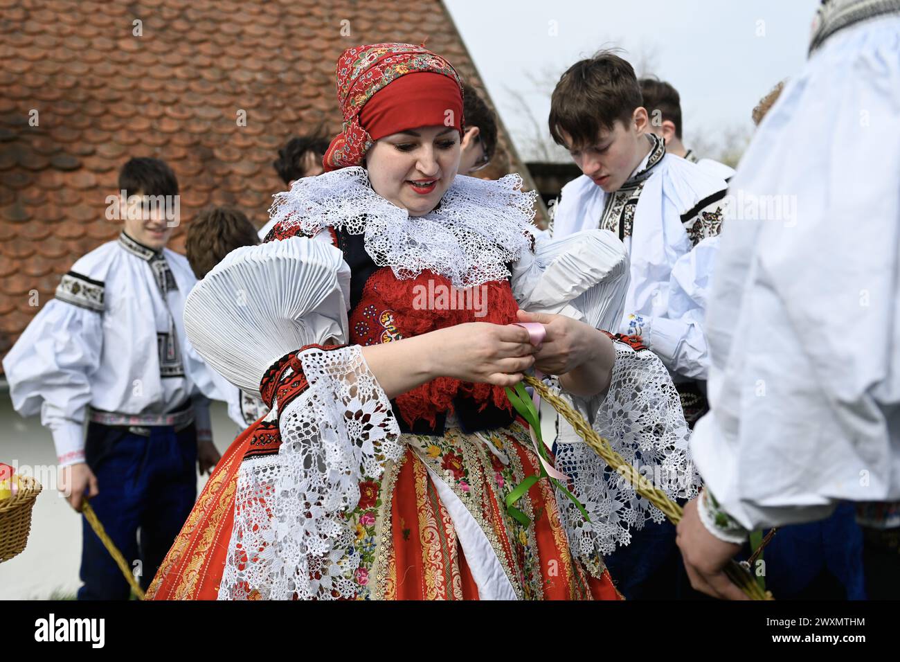 Vlcnov, Repubblica Ceca. 1 aprile 2024. I ragazzi che quest'anno cavalceranno la Ride of the Kings gireranno per il villaggio il lunedì di Pasqua con pomlazka (frusta pasquale ceca) e pagheranno le ragazze a Vlcnov, Repubblica Ceca, 1° aprile 2024. L'antica usanza di montare ragazze e donne con steli di salice intrecciato e spruzzarle con acqua fredda dovrebbe assicurare il genere femminile con una buona salute e un aspetto fresco. Le ragazze poi danno uova colorate o dipinte a ragazzi e uomini come segno del loro ringraziamento e perdono. Crediti: Dalibor Gluck/CTK Photo/Alamy Live News Foto Stock