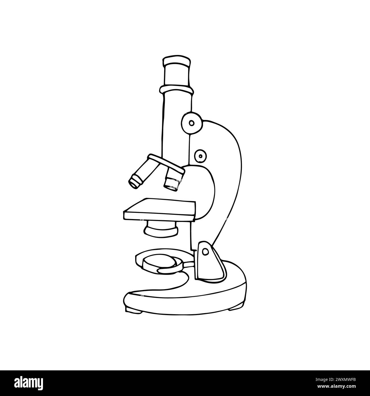 Microscopio da laboratorio disegnato a mano per ingrandire le dimensioni dei batteri sotto la lente. Semplice illustrazione vettoriale isolata in stile doodle. Illustrazione Vettoriale