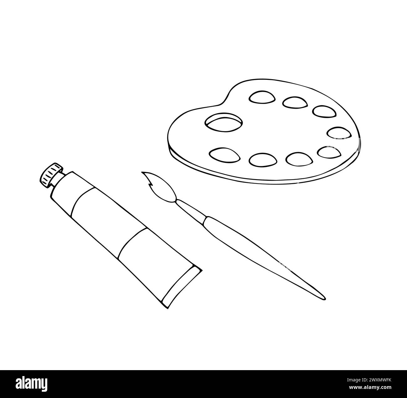Tavolozza disegnata a mano con pennello. Concetto di educazione artistica. Illustrazione vettoriale isolata su sfondo bianco. Illustrazione Vettoriale
