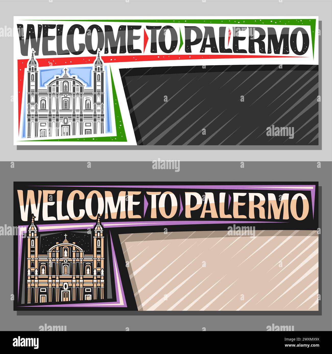 Banner vettoriale per Palermo con spazio copia, layout decorativo con illustrazione in linea della chiesa cattolica di palermo sullo sfondo del giorno e del tramonto, arte Illustrazione Vettoriale