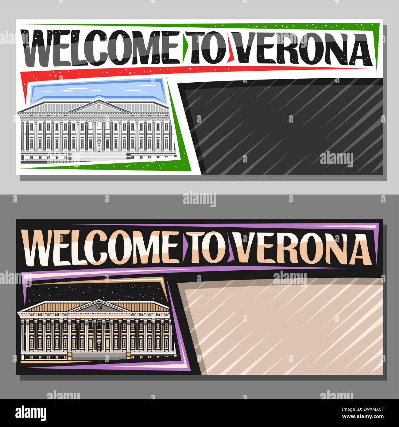 Layout vettoriale per Verona con spazio copia, coupon decorativo con illustrazione a linee verona palazzo barbieri situato in piazza del reggiseno sullo sfondo del cielo, ar Illustrazione Vettoriale