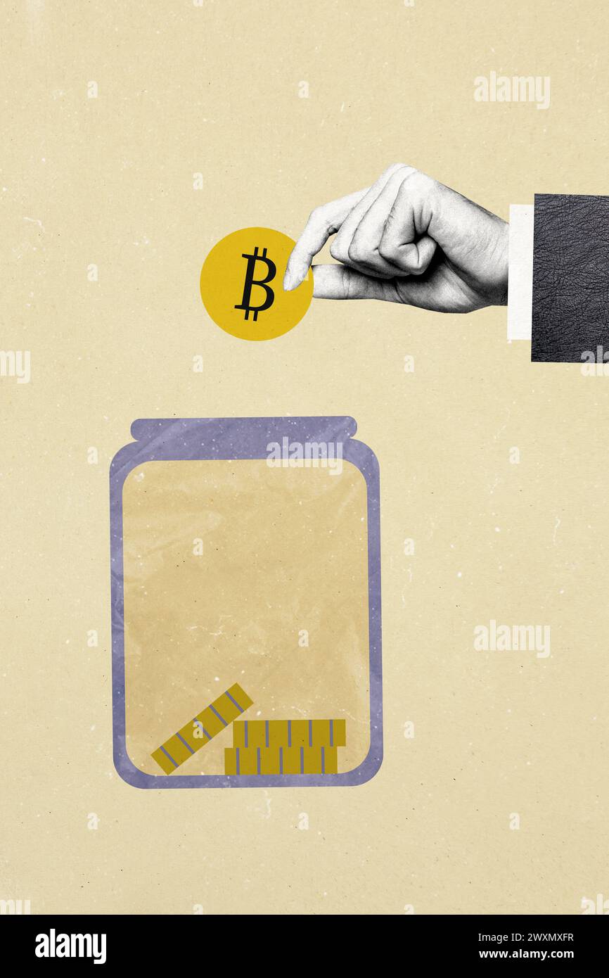 Collage fotografico verticale di denaro riempito a mano risparmio barattolo salvadanaio donare aiuta il minatore di criptovaluta bitcoin isolato su sfondo dipinto Foto Stock