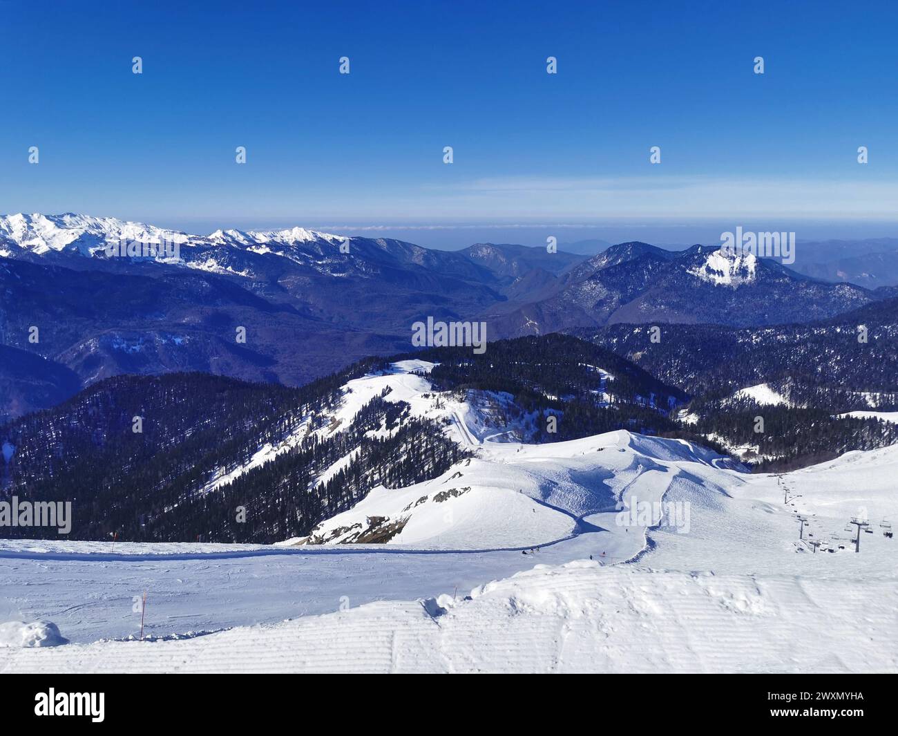 Piste da sci innevate con cime lontane e foresta sotto un cielo limpido. Foto Stock