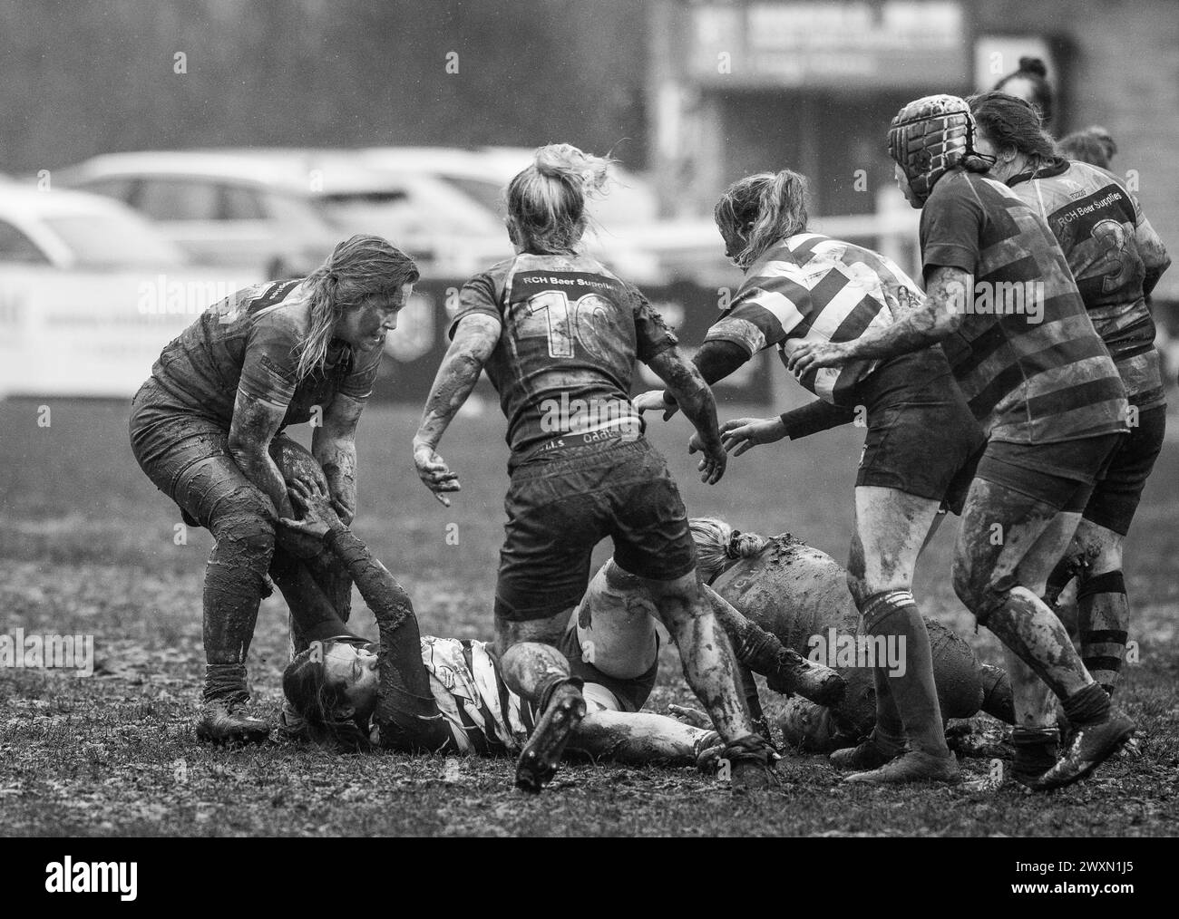 Partita inglese di rugby a 15 femminile amatoriale che gioca in condizioni umide e fangose. Foto Stock