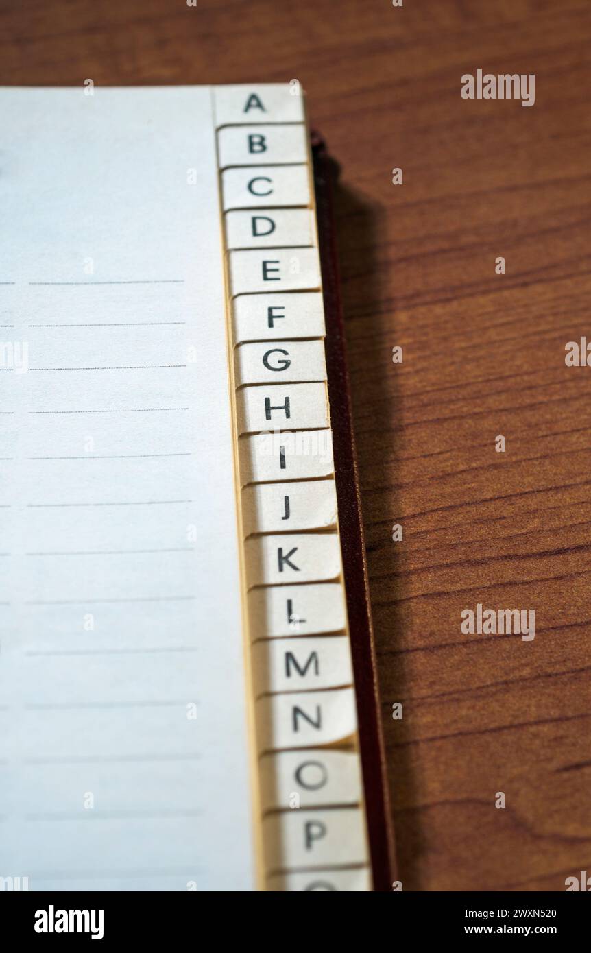 In ordine alfabetico indice pagina le schede in un indirizzo nota prenota Foto Stock