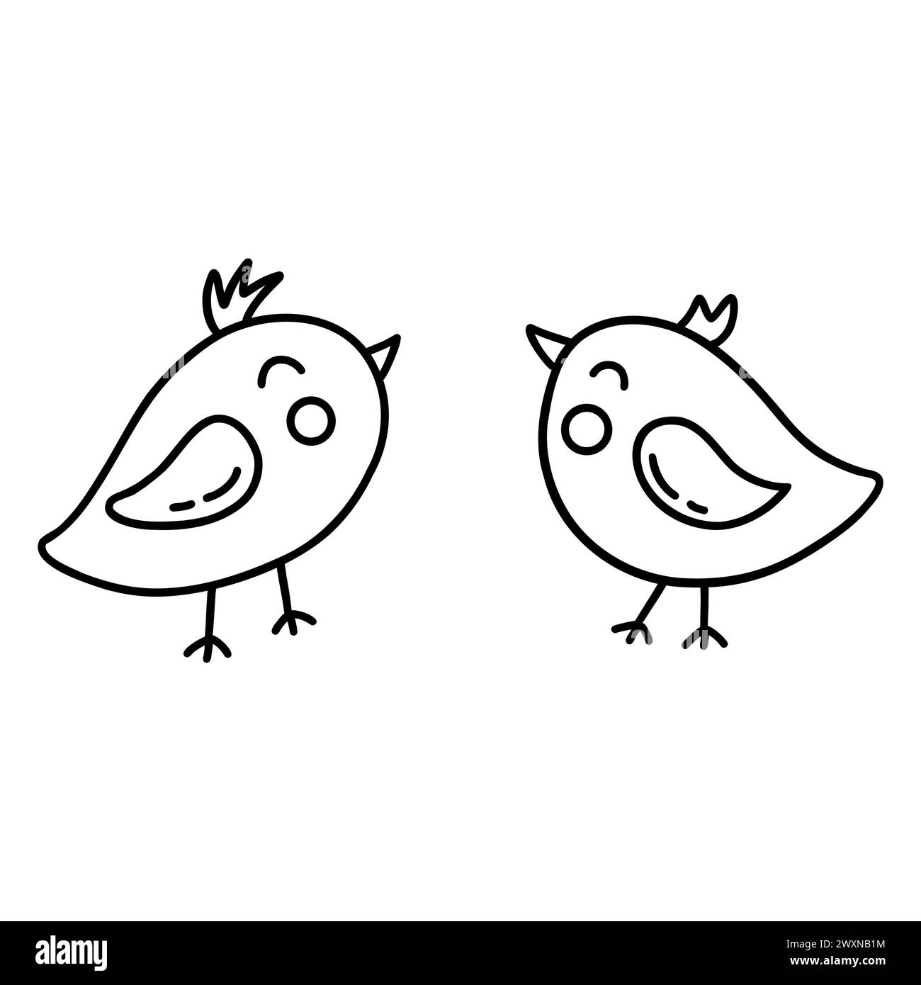 Due uccelli felici e carini. Illustrazione vettoriale in bianco e nero isolata in stile doodle disegnato a mano. Primavera ed estate. Un paio di uccelli innamorati Illustrazione Vettoriale