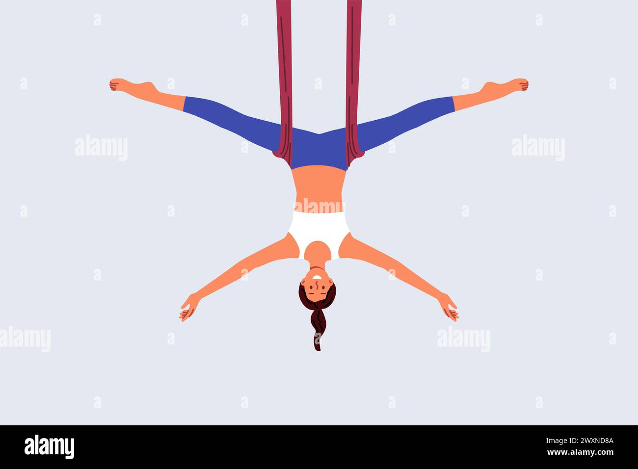 La donna pratica yoga aereo, facendo esercizi di stretching sospesi per migliorare la flessibilità del corpo Illustrazione Vettoriale