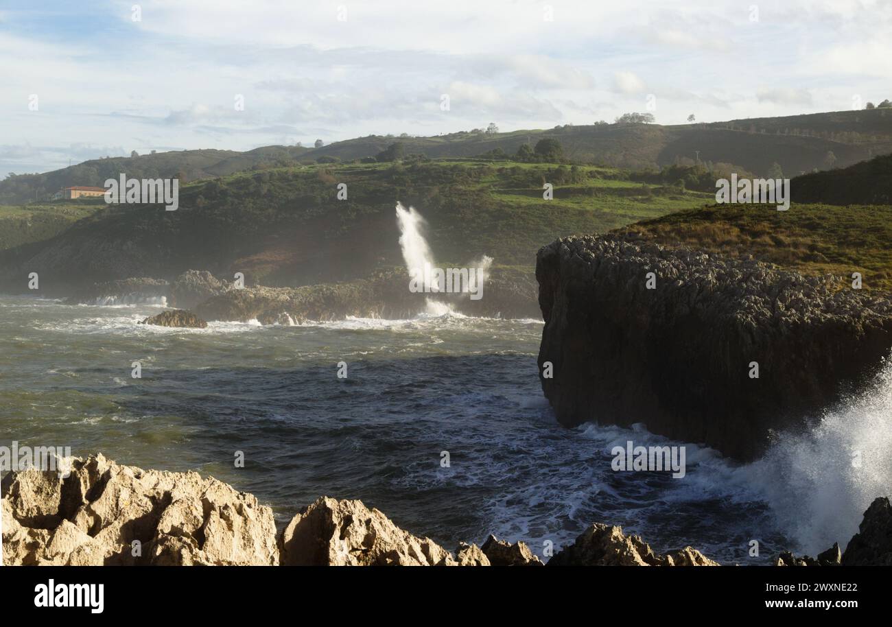 Vista dal punto panoramico Punta Radon verso una zona vicino alla spiaggia Playa de Los Curas, Spagna, Aturias, comune di Llanes Foto Stock