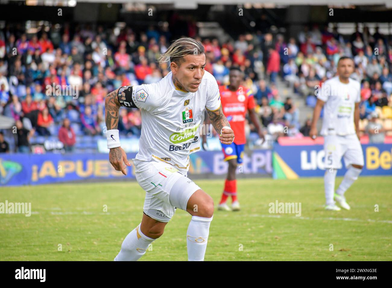 Pasto, Colombia. 30 marzo 2024. Una volta che l'attaccante del Caldas Dayro Moreno gioca durante la partita di campionato BetPlay DIMAYOR tra Once Caldas e Deportivo pasto a pasto, Colombia, 30 marzo 2024. Foto di: Camilo Erasso/Long Visual Press credito: Long Visual Press/Alamy Live News Foto Stock