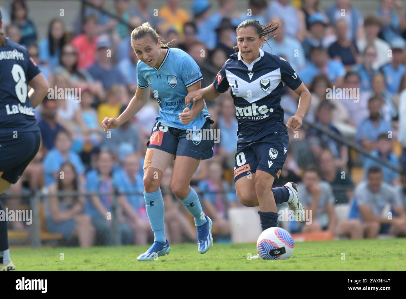 Lilyfield, Australia. 31 marzo 2024. Mackenzie Jade Hawkesby (L) del Sydney FC e Alexandra Carla Chidiac (R) del Melbourne Victory FC sono visti in azione durante la partita del 22° turno della stagione 2023-24 della Liberty A-League tra Sydney FC e Melbourne Victory tenutasi al Leichhardt Oval. Punteggio finale Sydney FC 0:4 Melbourne Victory FC. Credito: SOPA Images Limited/Alamy Live News Foto Stock