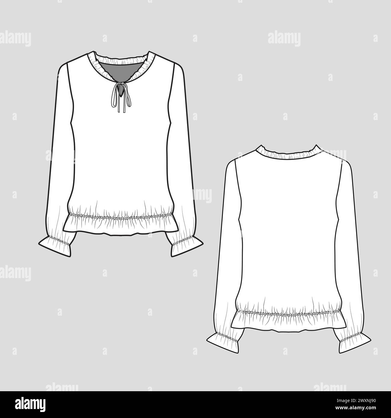 Maglia Fashion Tie KNOT con volant collo elastico manica di raccolta e T-shirt Bottom Taglietta Top Blouse Fashion Flat Sketch CAD Design di modelli di disegno tecnico Illustrazione Vettoriale