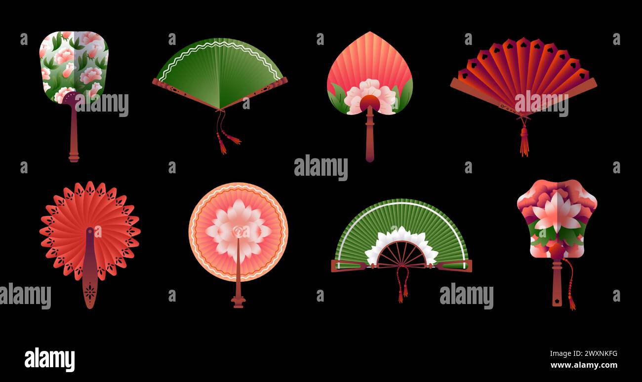 Ventole per carta. Souvenir orientali. Design tradizionale giapponese vintage. Oggetto modello Summer Japan o China. Attributo geisha di raffreddamento portatile. Abbigliamento di seta cinese. Set di accessori asiatici vettoriali Illustrazione Vettoriale