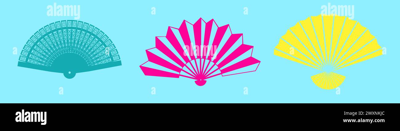 Ventola carta manuale. Souvenir cinesi. Sagome colorate. Cultura tradizionale asiatica. Forme degli accessori di raffreddamento portatili. Modello Giappone o Cina. Festival del flamenco. Set vettoriale attributi geisha giapponese Illustrazione Vettoriale