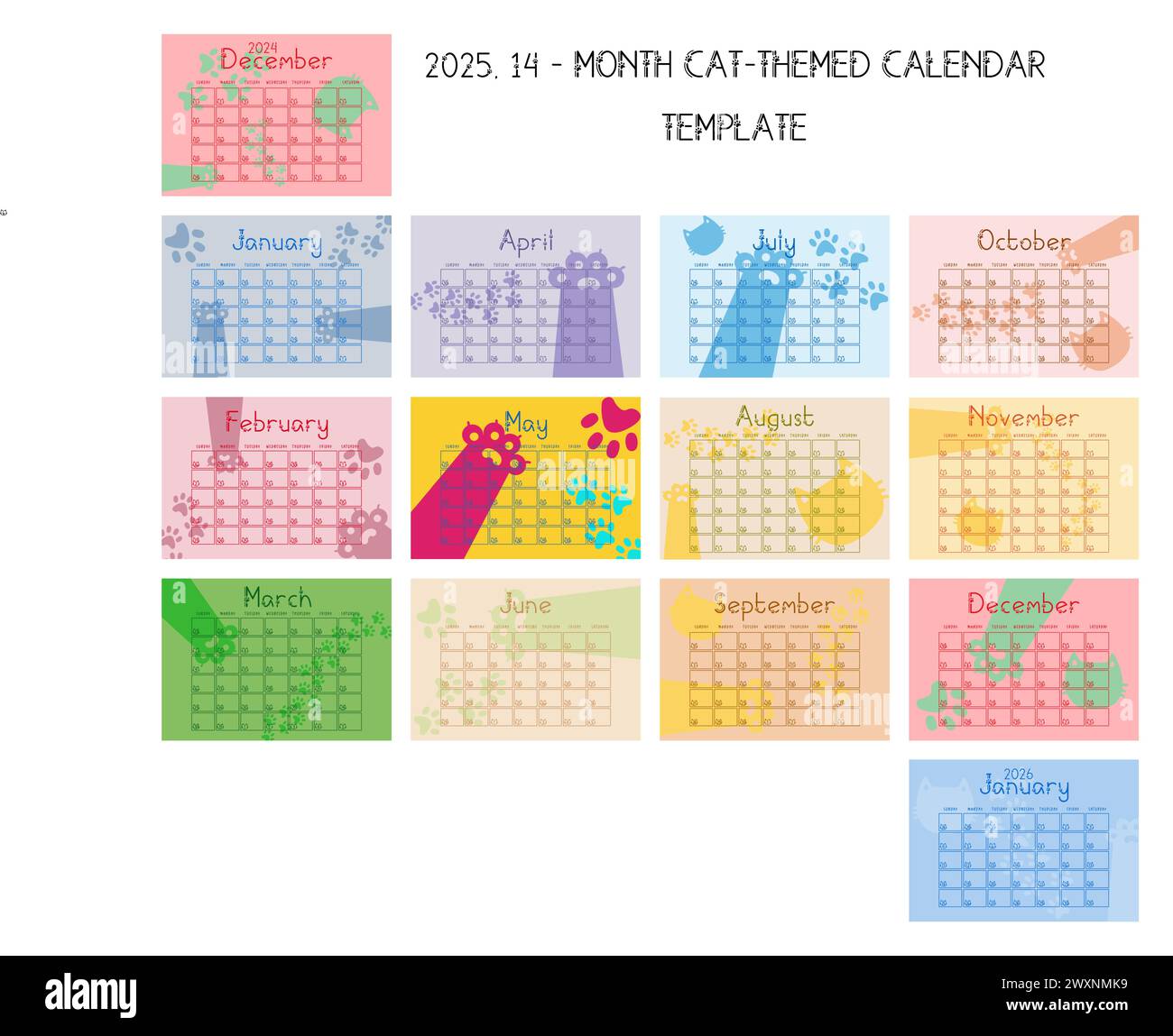 2025 modello di calendario canadese a tema Cat Illustrazione Vettoriale