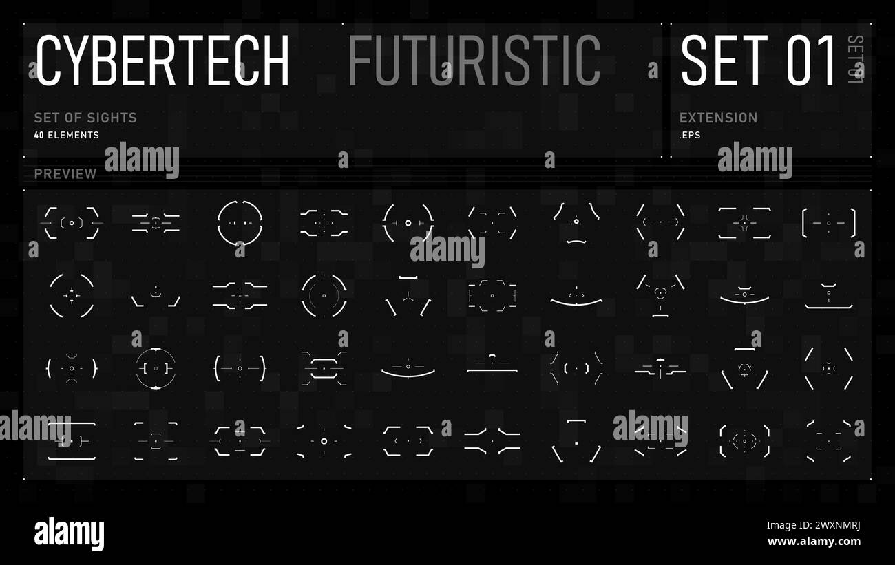 Set di obiettivi futuristici HUD, obiettivi, oscilloscopi, mirini, reticoli e mirini Illustrazione Vettoriale