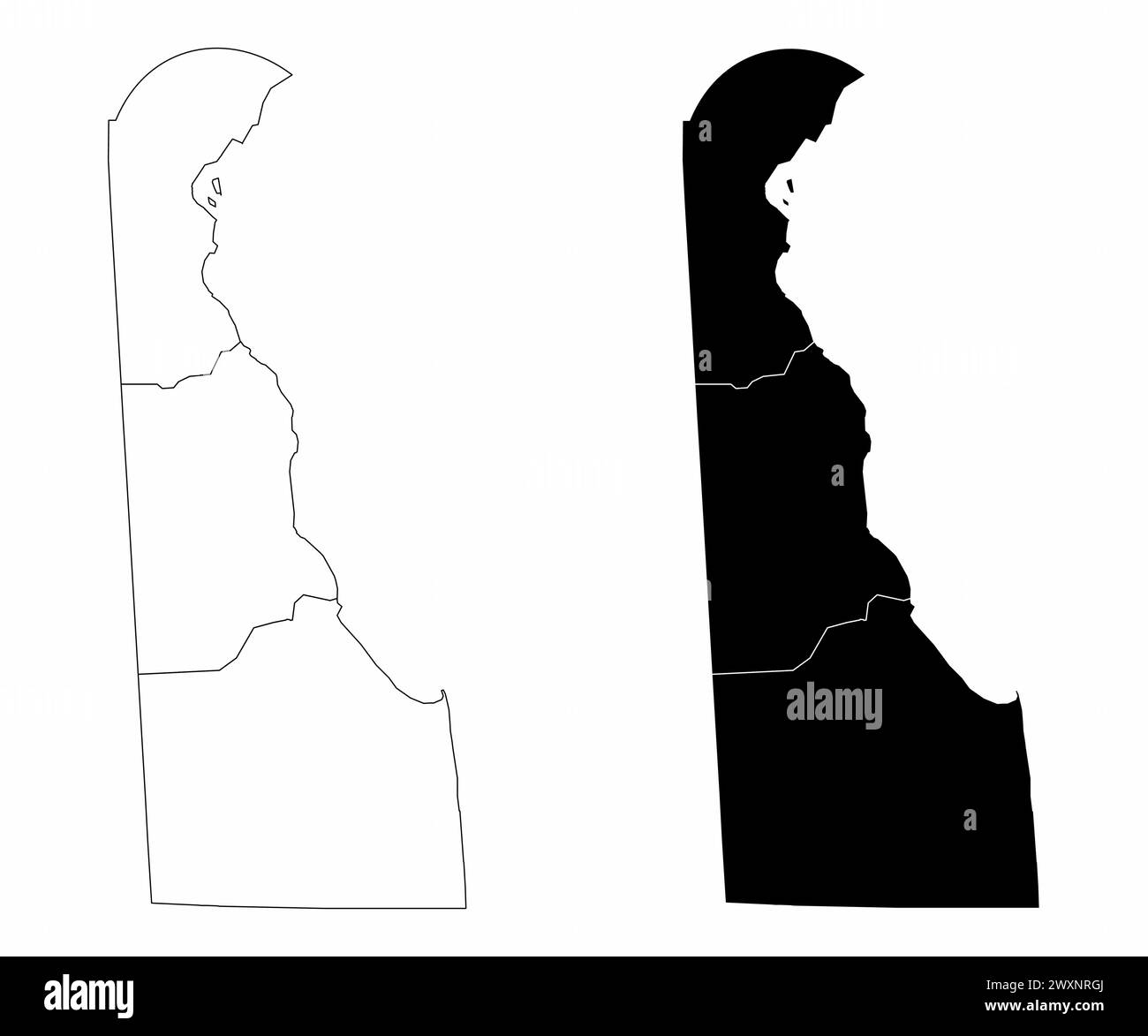 Le mappe amministrative in bianco e nero dello Stato del Delaware, USA Illustrazione Vettoriale