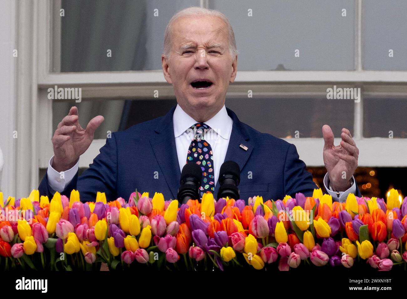 Il presidente DEGLI STATI UNITI Joe Biden parla sul balcone Truman della Casa Bianca al 2024 Easter Egg Roll, a Washington, DC, USA. 1 aprile 2024. Circa quarantamila persone dovevano partecipare al Easter Egg Roll 2024, che continua il tema dell'EGGucation e offre una varietà di attività didattiche per i bambini. Crediti: SIPA USA/Alamy Live News Foto Stock