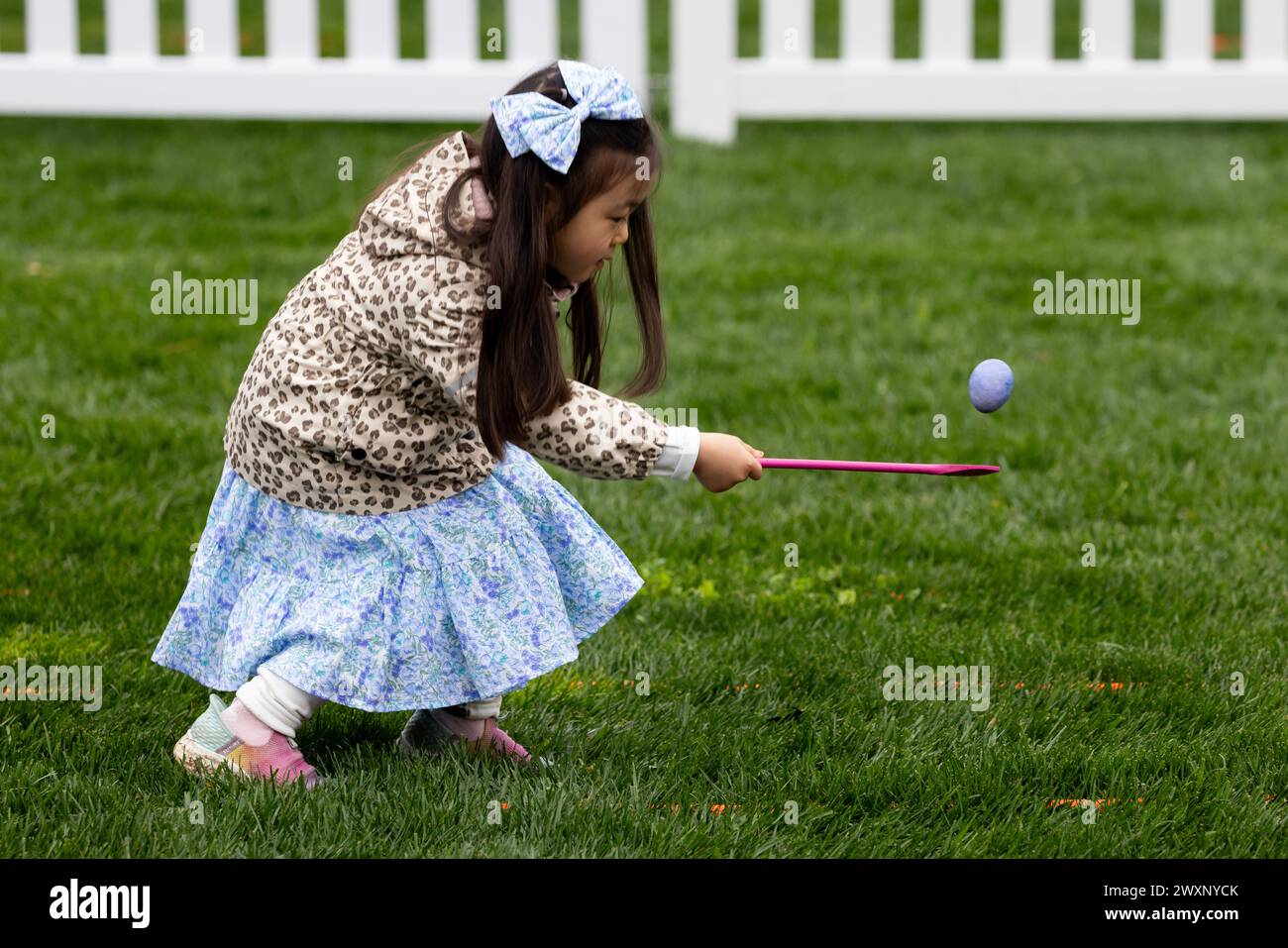 Un bambino partecipa al 2024 Easter Egg Roll on the South Lawn of the White House a Washington, DC, USA. 1 aprile 2024. Circa quarantamila persone dovevano partecipare al Easter Egg Roll 2024, che continua il tema dell'EGGucation e offre una varietà di attività didattiche per i bambini. Crediti: SIPA USA/Alamy Live News Foto Stock
