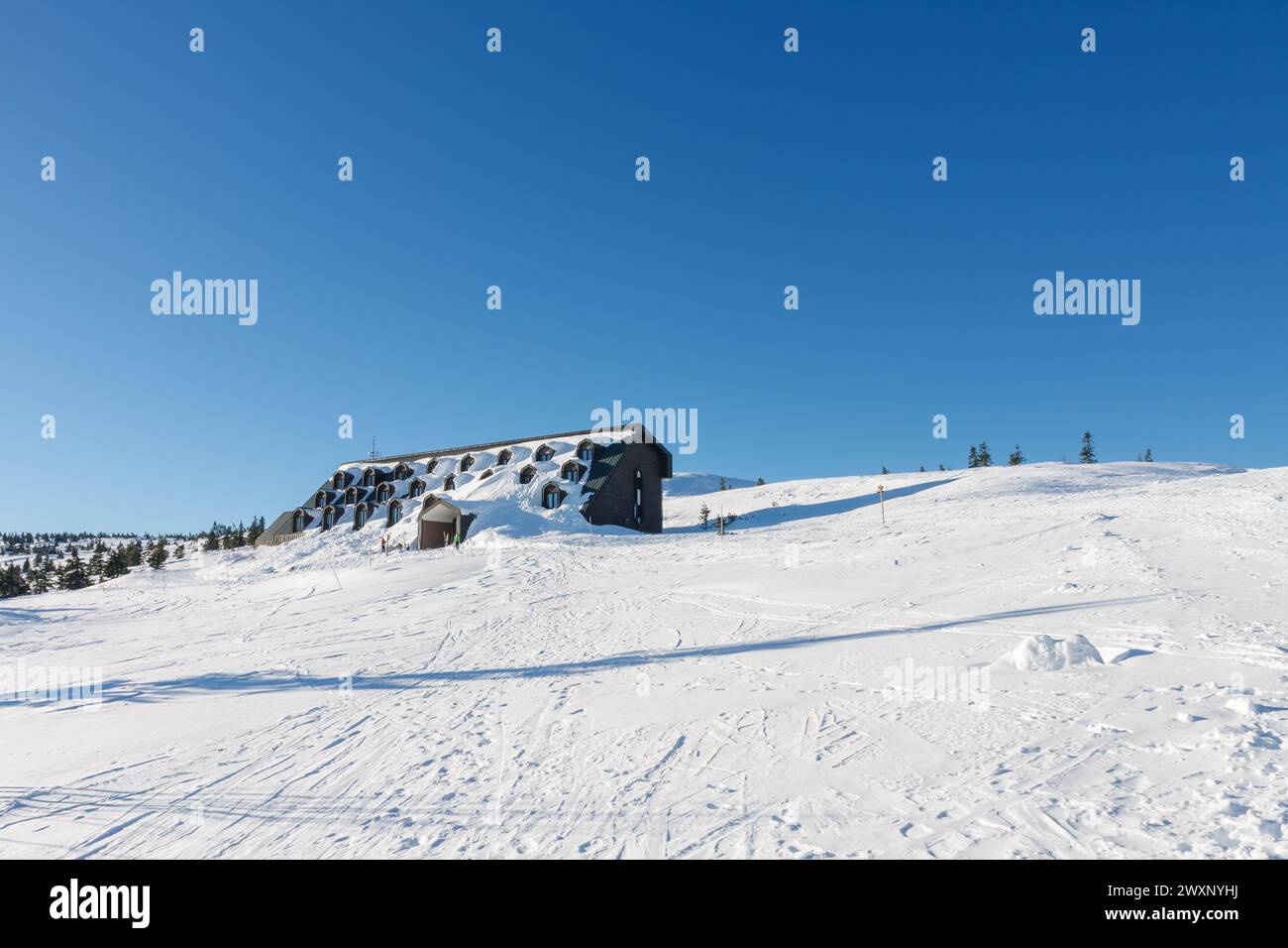 Cottage Vyrovka, cottage coperto da neve, quota di altezza 1356 m, krkonose montagne Repubblica Ceca Foto Stock