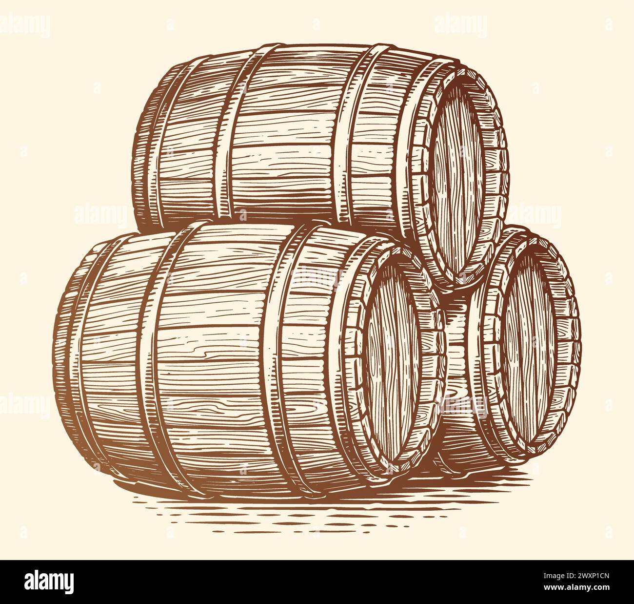Tre botti di legno per bevande alcoliche. Fusti di quercia con vino o birra. Illustrazione con incisione disegnata a mano Illustrazione Vettoriale