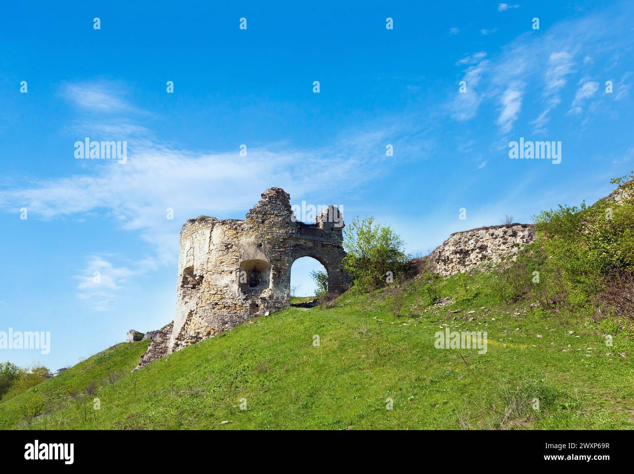 La molla vista delle rovine del castello (Sydoriv village, Ternopil regione, Ucraina). Foto Stock