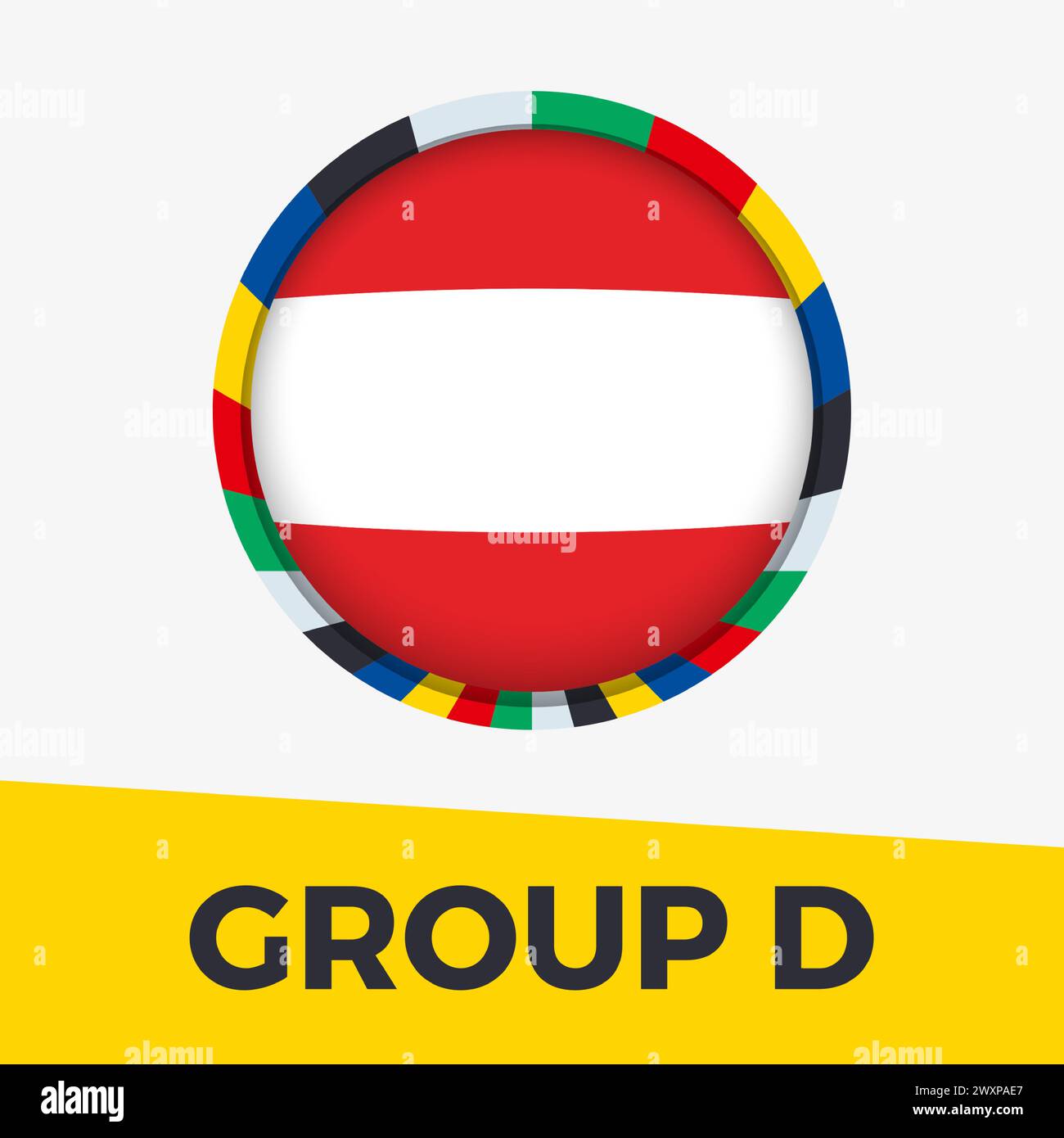 Bandiera austriaca stilizzata per il torneo europeo di calcio 2024. Icona della bandiera circolare. Illustrazione Vettoriale