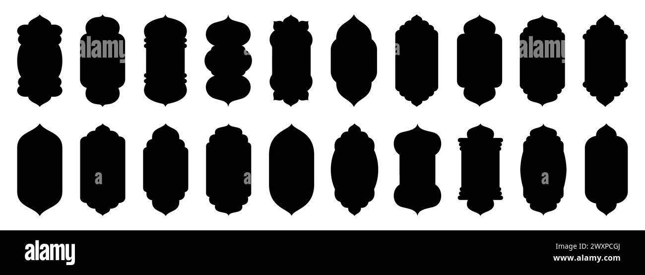 Forma islamica della porta e della finestra con arco arabo. Collezione di motivi in stile orientale. Cornici in stile arabo musulmano per Ramadan Kareem Illustrazione Vettoriale