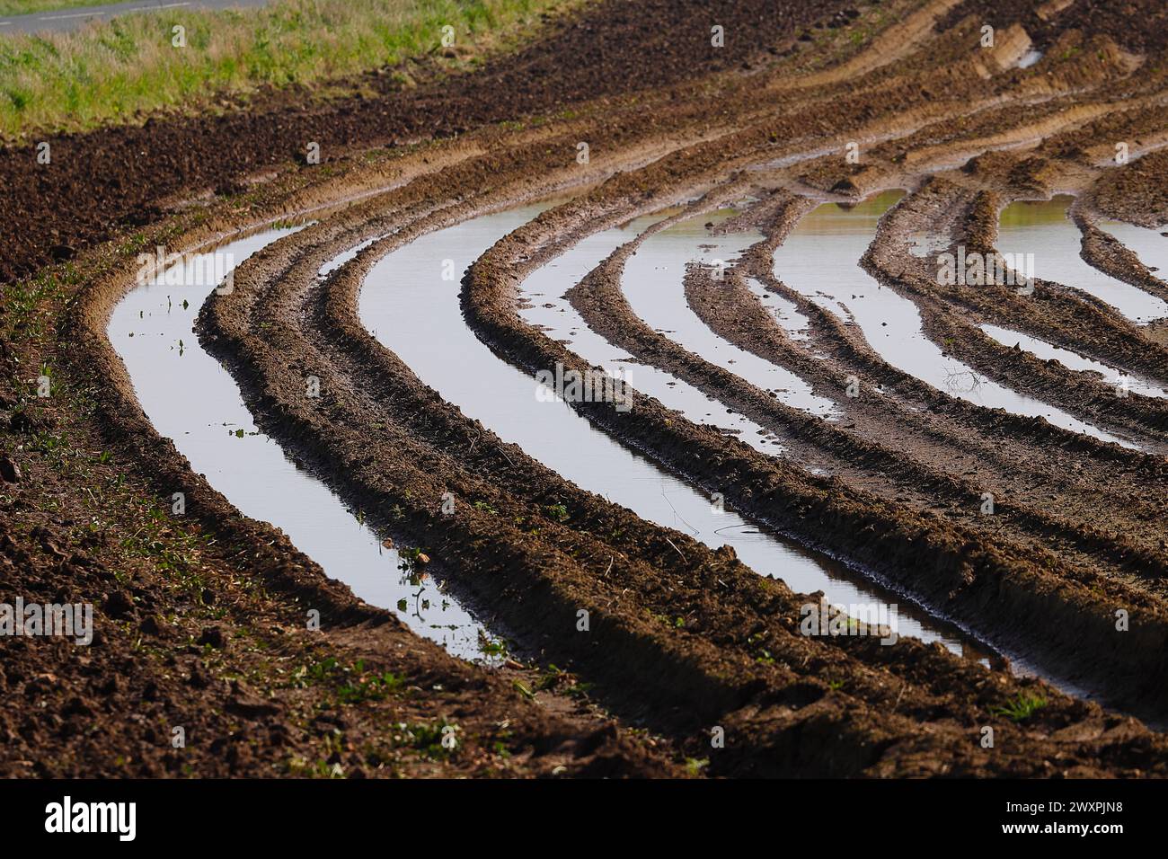 Un campo arato ad acqua a causa di condizioni meteorologiche avverse Foto Stock